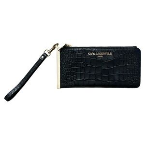 Karl Lagerfeld Paris Black Croc-Embossed Wristlet with Gold Detail